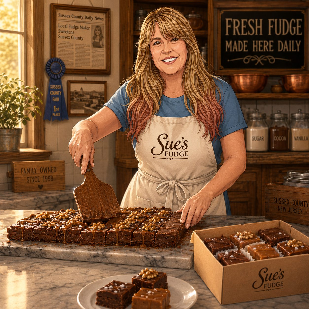 Sue making a fresh batch of handcrafted fudge in her Sussex County shop